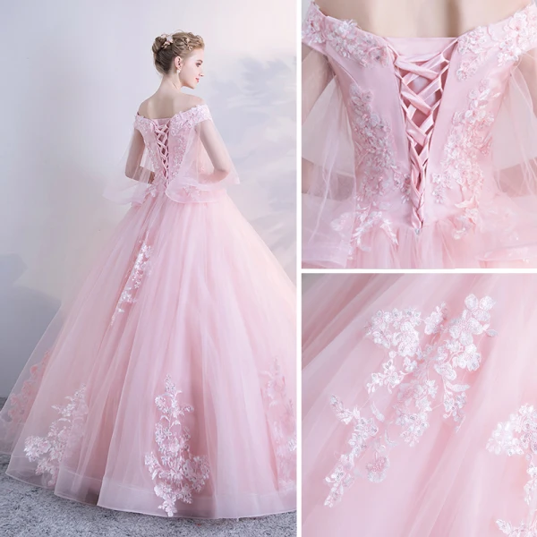 Chic / Belle Rose Bonbon Gonflée Robe De Bal 2018 Robe Boule En Dentelle Appliques Paillettes De l'épaule Dos Nu 1/2 Manches Longue Robe De Ceremonie