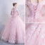 Chic / Belle Rose Bonbon Gonflée Robe De Bal 2018 Robe Boule En Dentelle Appliques Paillettes De l'épaule Dos Nu 1/2 Manches Longue Robe De Ceremonie