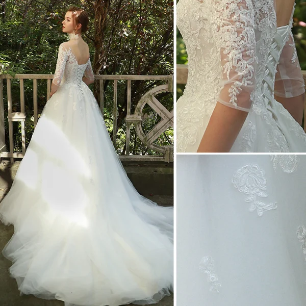 Elegant Ivory Wedding Dresses 2019 A-Line / Princess Scoop Neck Lace Flower 1/2 Sleeves Backless Chapel Train