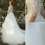 Elegant Ivory Wedding Dresses 2019 A-Line / Princess Scoop Neck Lace Flower 1/2 Sleeves Backless Chapel Train