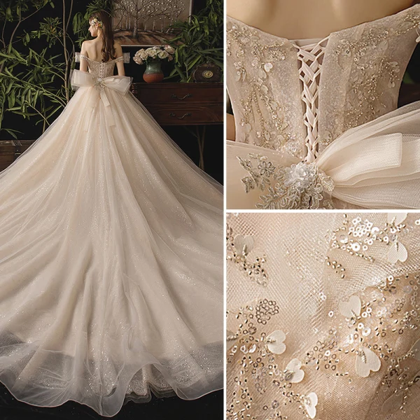 Luxe Champagne Robe De Mariée 2019 Princesse De l'épaule Perlage Paillettes Appliques En Dentelle Fleur Sans Manches Dos Nu Noeud Cathedral Train