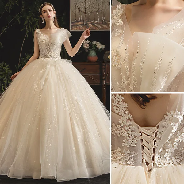 Classy Champagne Wedding Dresses 2019 Ball Gown V-Neck Sequins Lace Flower Sleeveless Backless Court Train