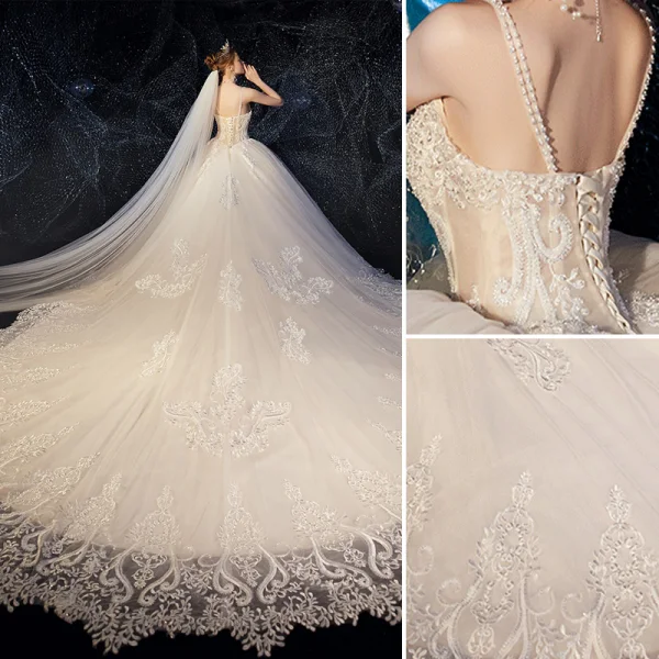 High-end Champagne Wedding Dresses 2019 A-Line / Princess Spaghetti Straps Beading Crystal Lace Flower Sleeveless Backless Royal Train