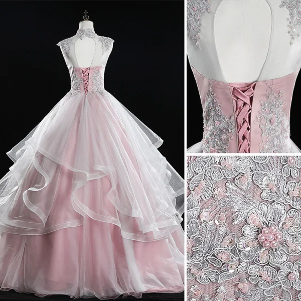 Classy Blushing Pink Prom Dresses 2019 Ball Gown High Neck Beading Sequins Pearl Lace Flower Sleeveless Backless Cascading Ruffles Floor-Length / Long Formal Dresses