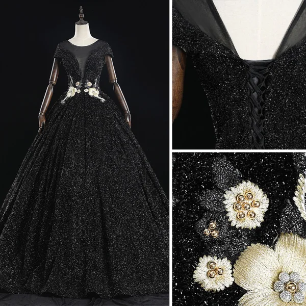 Classy Black Prom Dresses 2019 A-Line / Princess Scoop Neck Beading Crystal Pearl Rhinestone Lace Flower Short Sleeve Backless Floor-Length / Long Formal Dresses