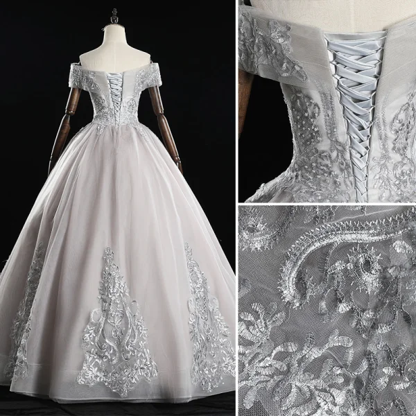 Elegant Grey Prom Dresses 2019 A-Line / Princess Off-The-Shoulder Pearl Lace Flower Short Sleeve Backless Floor-Length / Long Formal Dresses