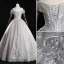 Elegant Grey Prom Dresses 2019 A-Line / Princess Off-The-Shoulder Pearl Lace Flower Short Sleeve Backless Floor-Length / Long Formal Dresses