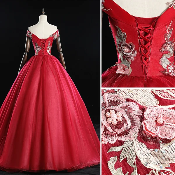 Chic / Beautiful Burgundy Prom Dresses 2019 Ball Gown Off-The-Shoulder Pearl Rhinestone Lace Flower Sleeveless Backless Floor-Length / Long Formal Dresses