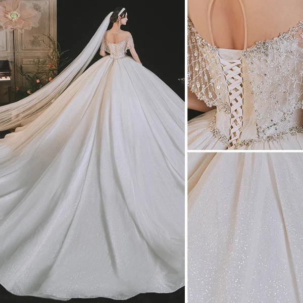 Luxury / Gorgeous Ivory Beading Rhinestone Sequins Wedding Dresses 2021 Ball Gown Scoop Neck Lace Flower Short Sleeve Backless Royal Train Wedding
