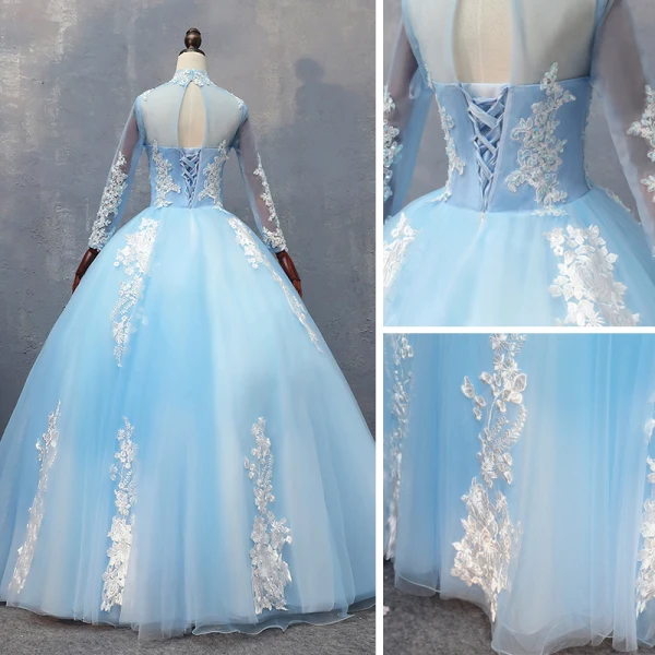 Chic / Beautiful Pool Blue Quinceañera Prom Dresses 2018 Ball Gown Lace Appliques Beading High Neck Backless Long Sleeve Floor-Length / Long Formal Dresses