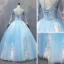 Chic / Beautiful Pool Blue Quinceañera Prom Dresses 2018 Ball Gown Lace Appliques Beading High Neck Backless Long Sleeve Floor-Length / Long Formal Dresses