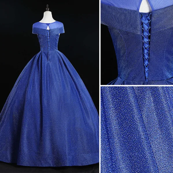 Elegant Royal Blue Prom Dresses 2019 Ball Gown Scoop Neck Glitter Tulle Cap Sleeves Backless Floor-Length / Long Formal Dresses