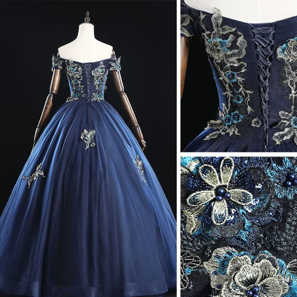 Vintage / Retro Navy Blue Prom Dresses 2019 A-Line / Princess Off-The-Shoulder Pearl Lace Flower Sleeveless Backless Floor-Length / Long Formal Dresses