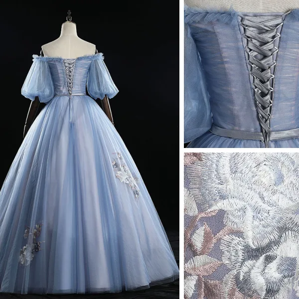 Chic / Beautiful Sky Blue Prom Dresses 2019 Ball Gown Off-The-Shoulder Bow Lace Flower Ruffle Short Sleeve Backless Floor-Length / Long Formal Dresses