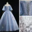 Chic / Beautiful Sky Blue Prom Dresses 2019 Ball Gown Off-The-Shoulder Bow Lace Flower Ruffle Short Sleeve Backless Floor-Length / Long Formal Dresses