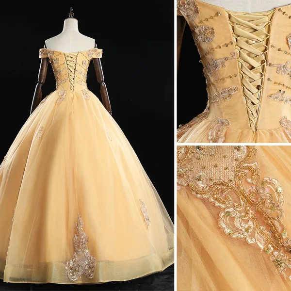 Classic Gold Quinceañera Prom Dresses 2019 Ball Gown Off-The-Shoulder Beading Sequins Lace Flower Sleeveless Backless Floor-Length / Long Formal Dresses