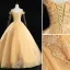Classic Gold Quinceañera Prom Dresses 2019 Ball Gown Off-The-Shoulder Beading Sequins Lace Flower Sleeveless Backless Floor-Length / Long Formal Dresses