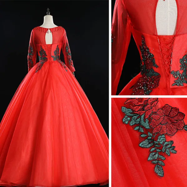 Elegant Red Prom Dresses 2019 Ball Gown Scoop Neck Beading Tassel Rhinestone Lace Flower Long Sleeve Backless Floor-Length / Long Formal Dresses