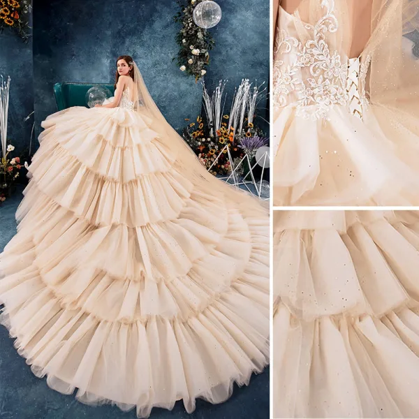 High-end Champagne Wedding Dresses 2019 Ball Gown Spaghetti Straps Beading Sequins Lace Flower Sleeveless Backless Cascading Ruffles Royal Train