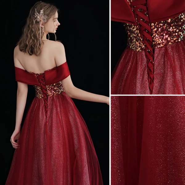Charming Sparkly Red Glitter Prom Dresses 2021 A-Line / Princess Off-The-Shoulder Bow Sequins Sleeveless Backless Floor-Length / Long Prom Formal Dresses