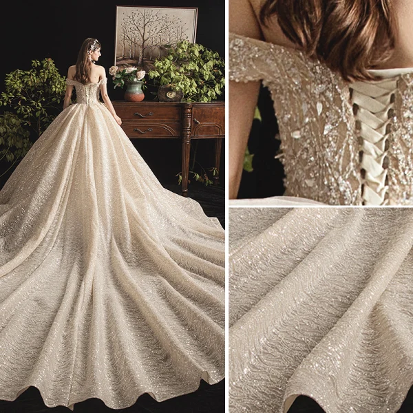 Charming Champagne Wedding Dresses 2019 A-Line / Princess Off-The-Shoulder Beading Sequins Lace Flower Sleeveless Backless Cathedral Train