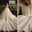 Charming Champagne Wedding Dresses 2019 A-Line / Princess Off-The-Shoulder Beading Sequins Lace Flower Sleeveless Backless Cathedral Train