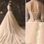 Élégant Champagne Robe De Mariée 2019 Princesse Encolure Dégagée En Dentelle Fleur Manches Longues Dos Nu Chapel Train