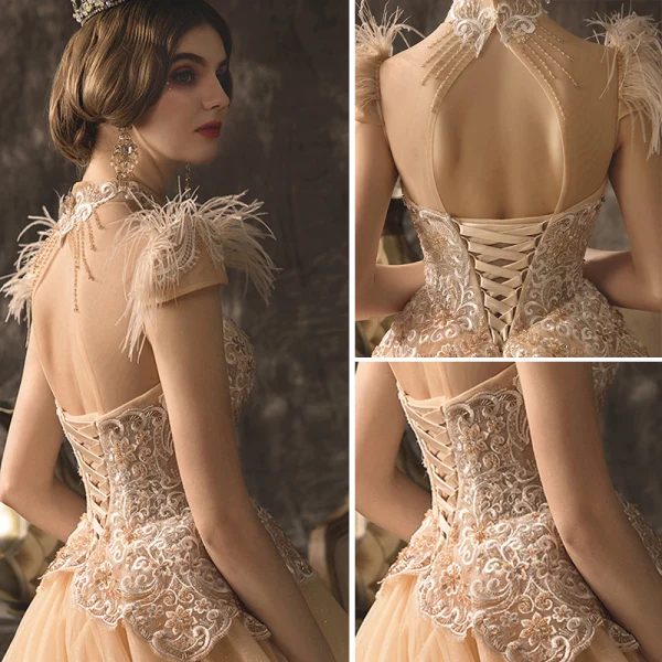 High-end Champagne Wedding Dresses 2019 A-Line / Princess High Neck Beading Sequins Lace Flower Short Sleeve Tassel Backless Cathedral Train