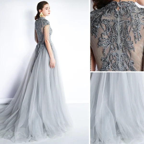Luxus / Herrlich Grau Abendkleider 2019 Meerjungfrau Eckiger Ausschnitt Handgefertigt Perlenstickerei Quaste Kristall Spitze Blumen Ärmellos Sweep / Pinsel Zug Festliche Kleider
