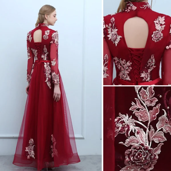 Chinese style Burgundy Evening Dresses  2019 A-Line / Princess High Neck Buttons Beading Bow Lace Flower Long Sleeve Backless Floor-Length / Long Formal Dresses