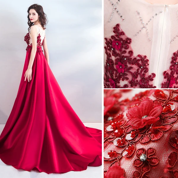 Chic / Beautiful Burgundy Evening Dresses 2019 A-Line / Princess Scoop Neck Beading Appliques Lace Flower Pearl Rhinestone Sequins Sleeveless Court Train Formal Dresses