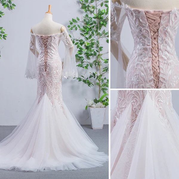 Charming Ivory Wedding Dresses 2023 Trumpet / Mermaid Off-The-Shoulder Lace Flower Long Sleeve Backless Chapel Train