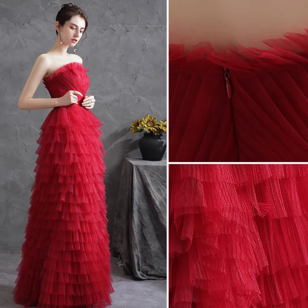 Sexy Red Pleated Evening Dresses  2021 A-Line / Princess Strapless Sleeveless Backless Evening Party Floor-Length / Long Formal Dresses
