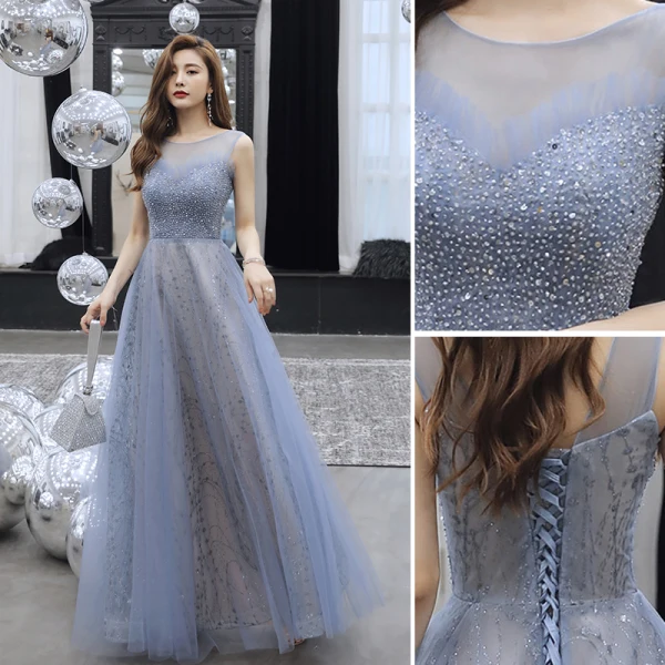 Modern / Fashion Ocean Blue Evening Dresses 2019 A-Line / Princess Scoop Neck Beading Sequins Lace Flower Sleeveless Backless Floor-Length / Long Formal Dresses