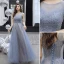 Modern / Fashion Ocean Blue Evening Dresses  2019 A-Line / Princess Scoop Neck Beading Sequins Lace Flower Sleeveless Backless Floor-Length / Long Formal Dresses