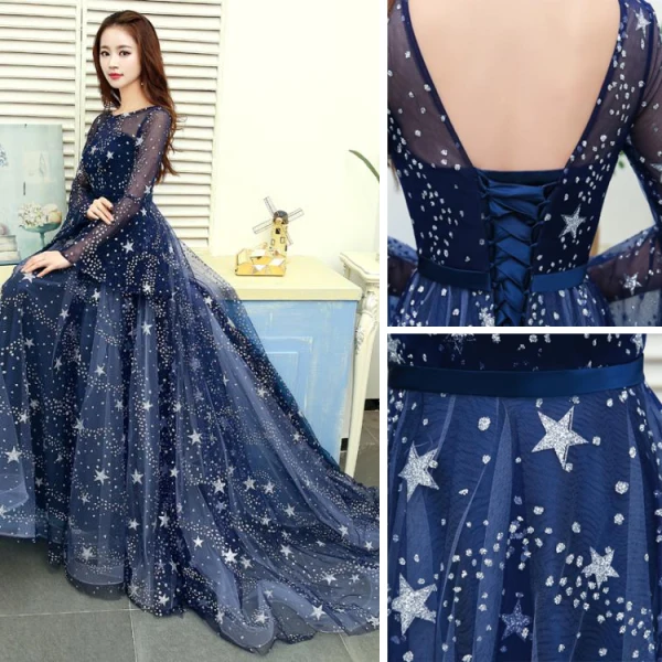 Modern / Fashion Navy Blue Evening Dresses 2019 A-Line / Princess Scoop Neck Star Sequins Bell sleeves Backless Court Train Formal Dresses