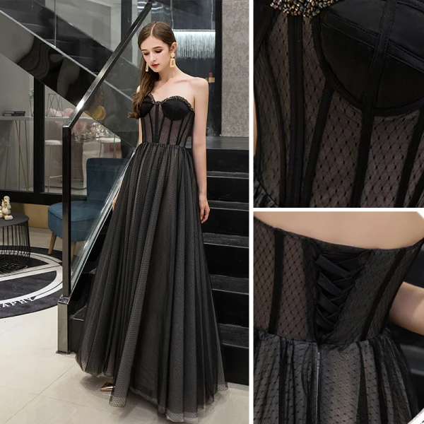 Chic / Beautiful Black Evening Dresses 2019 A-Line / Princess Sweetheart Beading Lace Flower Sleeveless Backless Floor-Length / Long Formal Dresses