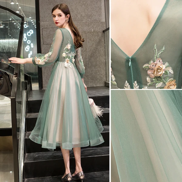 Chic / Beautiful Sage Green Evening Dresses 2019 A-Line / Princess Scoop Neck Lace Flower Appliques Long Sleeve Backless Tea-length Formal Dresses