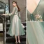 Chic / Beautiful Sage Green Evening Dresses  2019 A-Line / Princess Scoop Neck Lace Flower Appliques Long Sleeve Backless Tea-length Formal Dresses
