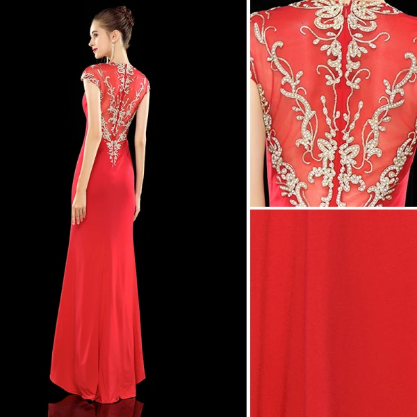 Classy Red Evening Dresses 2019 A-Line / Princess Scoop Neck Rhinestone Lace Flower Cap Sleeves Split Front Floor-Length / Long Formal Dresses