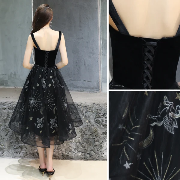 Modern / Fashion Black Homecoming Graduation Dresses 2019 A-Line / Princess Spaghetti Straps Lace Star Sleeveless Backless Tea-length Formal Dresses