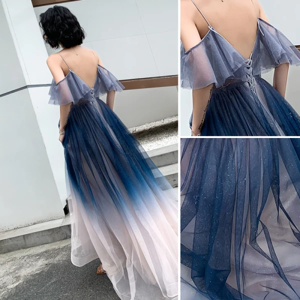 Chic / Beautiful Gradient-Color Evening Dresses 2019 A-Line / Princess Spaghetti Straps Sleeveless Backless Floor-Length / Long Formal Dresses