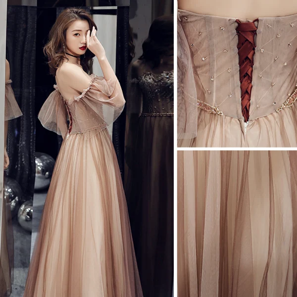 Chic / Beautiful Champagne Evening Dresses 2019 A-Line / Princess Off-The-Shoulder Beading Lace Flower Short Sleeve Backless Floor-Length / Long Formal Dresses