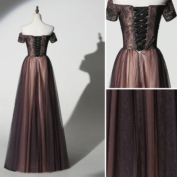 Chic / Belle Chocolat Robe De Soirée 2019 Princesse De l'épaule Perlage En Dentelle Paillettes Manches Courtes Dos Nu Longue Robe De Ceremonie