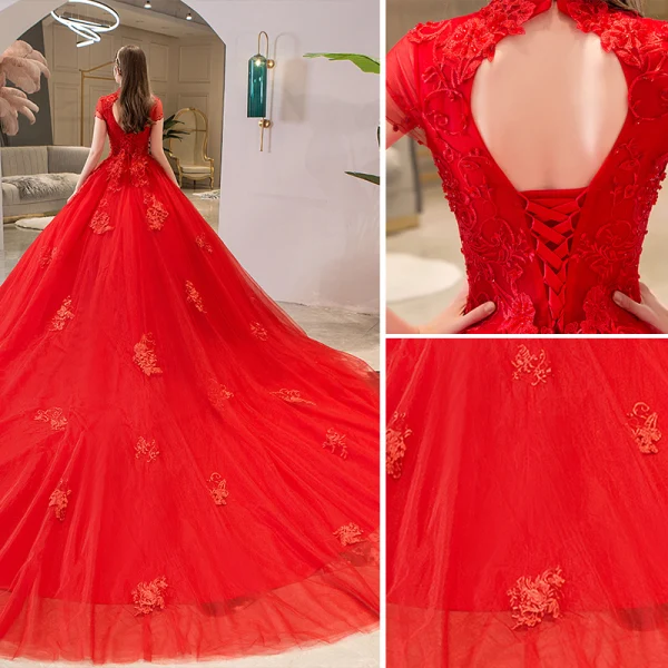 Chic / Belle Rouge Robe De Mariée 2019 Princesse Col Haut Perlage Cristal En Dentelle Fleur Manches Courtes Dos Nu Cathedral Train