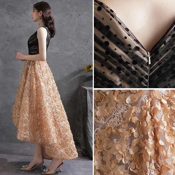 Chic / Beautiful Black Homecoming Asymmetrical Cocktail Dresses Graduation Dresses 2021 A-Line / Princess V-Neck Sleeveless Appliques Cocktail Party Formal Dresses