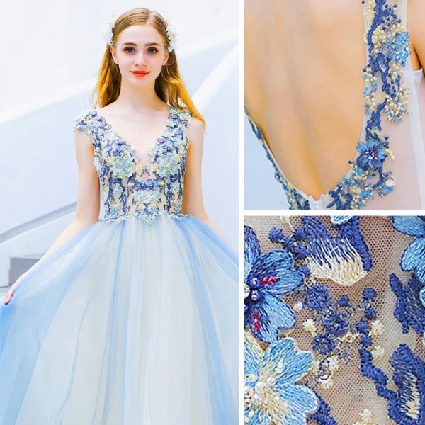 Modern / Fashion Sky Blue Evening Dresses 2019 A-Line / Princess V-Neck Beading Pearl Rhinestone Lace Flower Sleeveless Backless Sweep Train Formal Dresses