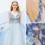 Modern / Fashion Sky Blue Evening Dresses  2019 A-Line / Princess V-Neck Beading Pearl Rhinestone Lace Flower Sleeveless Backless Sweep Train Formal Dresses