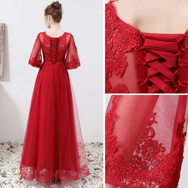 Chic / Beautiful Burgundy Evening Dresses 2019 A-Line / Princess Scoop Neck Appliques Lace Sash 1/2 Sleeves Floor-Length / Long Formal Dresses