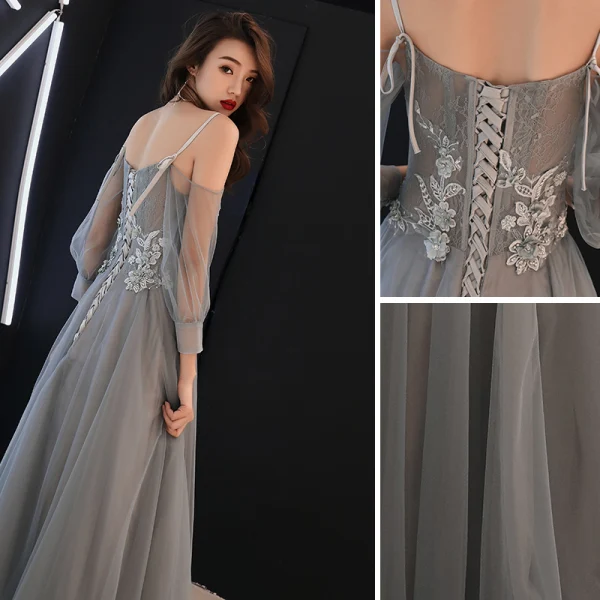 Elegant Grey Evening Dresses 2019 A-Line / Princess Spaghetti Straps Bow Lace Flower Appliques 3/4 Sleeve Backless Floor-Length / Long Formal Dresses